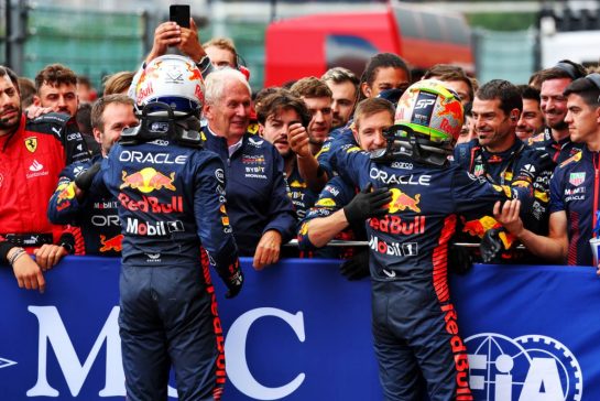 (L to R): Race winner Max Verstappen (NLD) Red Bull Racing celebrates with the team with second placed team mate Sergio Perez (MEX) Red Bull Racing in parc ferme.
30.07.2023. Formula 1 World Championship, Rd 13, Belgian Grand Prix, Spa Francorchamps, Belgium, Race Day.
- www.xpbimages.com, EMail: requests@xpbimages.com &copy; Copyright: Batchelor / XPB Images