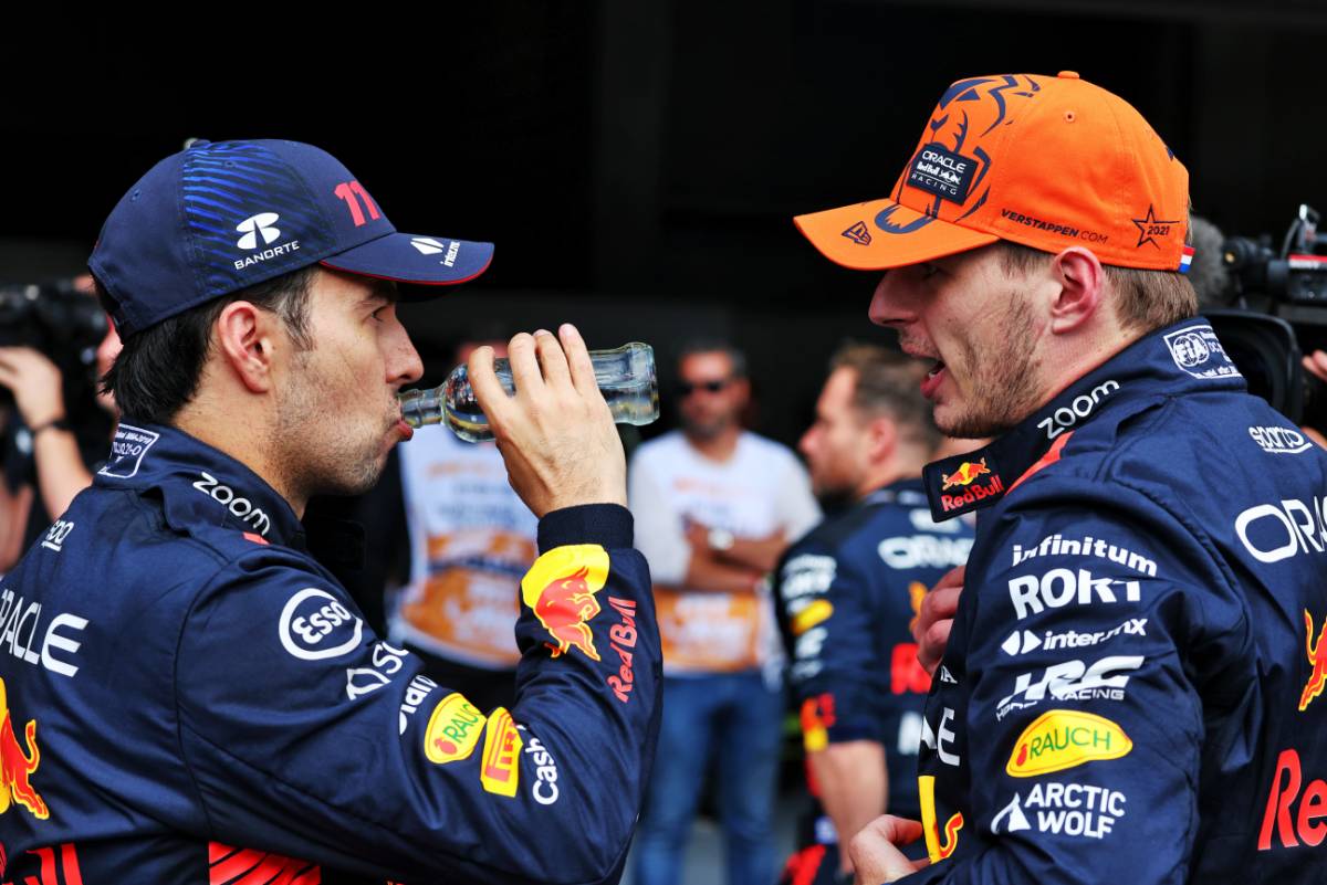 (L to R): Second placed Sergio Perez (MEX) Red Bull Racing with team mate and race winner Max Verstappen (NLD) Red Bull Racing in parc ferme. 30.07.2023. Formula 1 World Championship, Rd 13, Belgian Grand Prix, Spa Francorchamps, Belgium, Race Day. - www.xpbimages.com, EMail: requests@xpbimages.com © Copyright: Moy / XPB Images