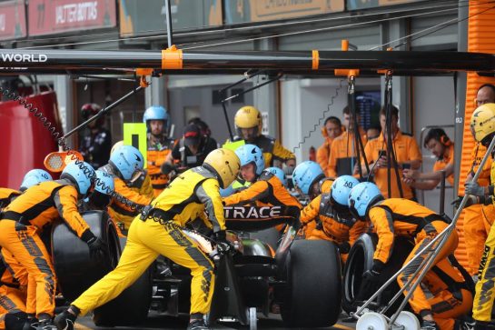 Lando Norris (GBR) McLaren MCL60 makes a pit stop.
30.07.2023. Formula 1 World Championship, Rd 13, Belgian Grand Prix, Spa Francorchamps, Belgium, Race Day.
- www.xpbimages.com, EMail: requests@xpbimages.com &copy; Copyright: XPB Images