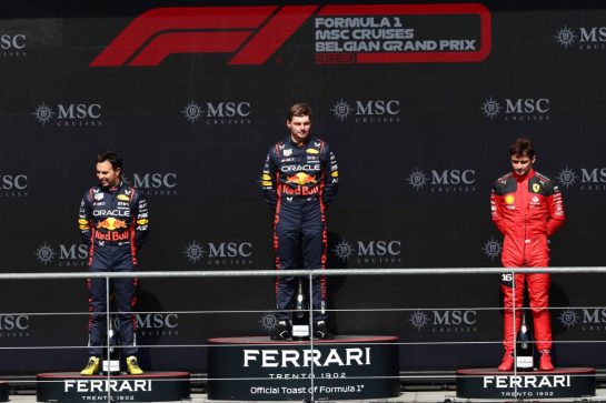 The podium (L to R): Sergio Perez (MEX) Red Bull Racing, second; Max Verstappen (NLD) Red Bull Racing, race winner; Charles Leclerc (MON) Ferrari, third.
30.07.2023. Formula 1 World Championship, Rd 13, Belgian Grand Prix, Spa Francorchamps, Belgium, Race Day.
 - www.xpbimages.com, EMail: requests@xpbimages.com &copy; Copyright: Coates / XPB Images