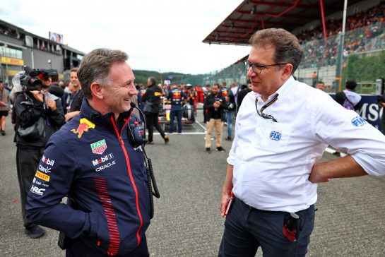 (L to R): Christian Horner (GBR) Red Bull Racing Team Principal with Nicholas Tombazis (GRE) FIA Head of Single-Seater Technical Matters on the grid.
30.07.2023. Formula 1 World Championship, Rd 13, Belgian Grand Prix, Spa Francorchamps, Belgium, Race Day.
 - www.xpbimages.com, EMail: requests@xpbimages.com &copy; Copyright: Coates / XPB Images