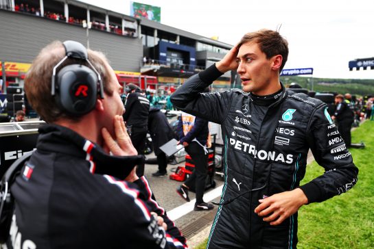 George Russell (GBR) Mercedes AMG F1 on the grid.
30.07.2023. Formula 1 World Championship, Rd 13, Belgian Grand Prix, Spa Francorchamps, Belgium, Race Day.
 - www.xpbimages.com, EMail: requests@xpbimages.com &copy; Copyright: Coates / XPB Images