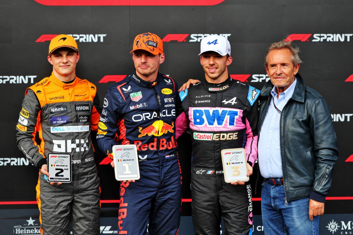 Top three in Sprint parc ferme (L to R): Oscar Piastri (AUS) McLaren, second; Max Verstappen (NLD) Red Bull Racing, winner; Pierre Gasly (FRA) Alpine F1 Team, third; Jacky Ickx (BEL). 29.07.2023. Formula 1 World Championship, Rd 13, Belgian Grand Prix, Spa Francorchamps, Belgium, Sprint Day. - www.xpbimages.com, EMail: requests@xpbimages.com &copy; Copyright: Batchelor / XPB Images