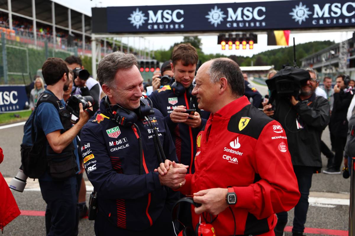 Christian Horner (GBR) Red Bull Racing Team Principal with Frederic Vasseur (FRA) Ferrari Team Principal on the grid. 30.07.2023. Formula 1 World Championship, Rd 13, Belgian Grand Prix, Spa Francorchamps, Belgium, Race Day. - www.xpbimages.com, EMail: requests@xpbimages.com © Copyright: Coates / XPB Images