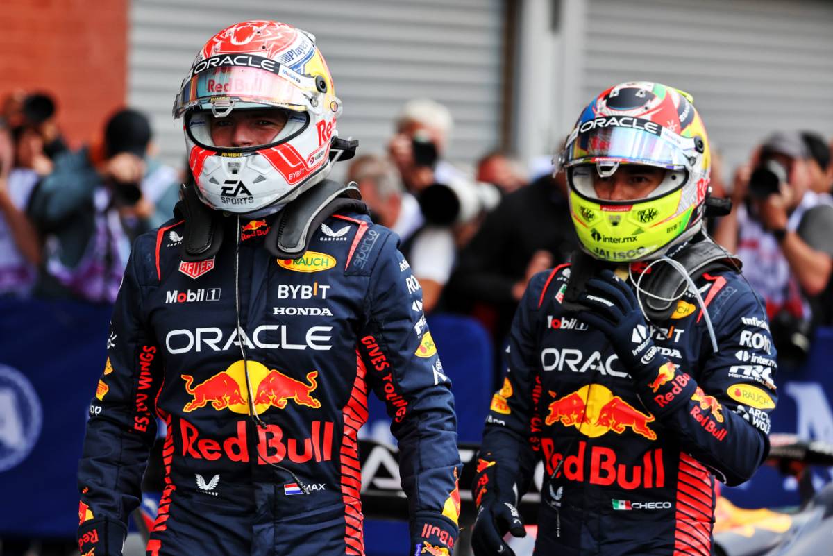 (L to R): Race winner Max Verstappen (NLD) Red Bull Racing celebrates with second placed team mate Sergio Perez (MEX) Red Bull Racing in parc ferme.
30.07.2023. Formula 1 World Championship, Rd 13, Belgian Grand Prix, Spa Francorchamps, Belgium, Race Day.
- www.xpbimages.com, EMail: requests@xpbimages.com © Copyright: Moy / XPB Images