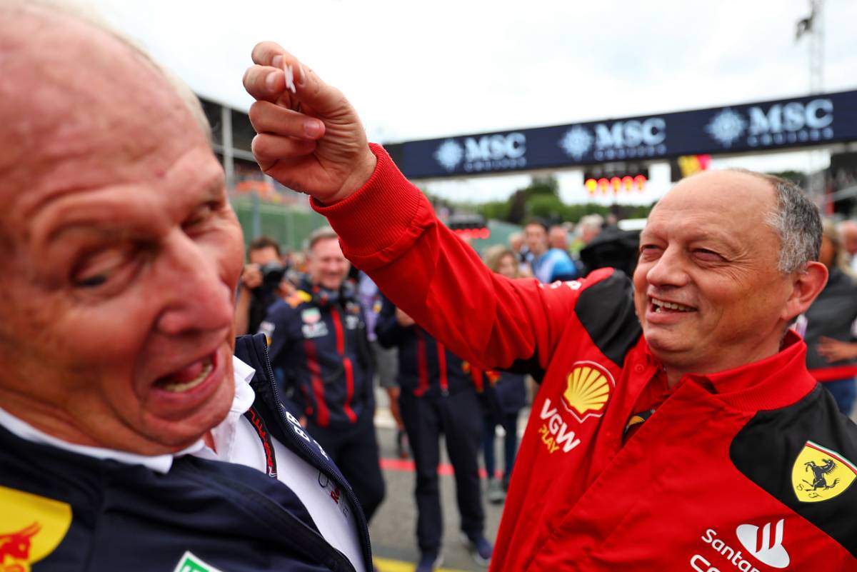 (L to R): Dr Helmut Marko (AUT) Red Bull Motorsport Consultant with Frederic Vasseur (FRA) Ferrari Team Principal on the grid.
30.07.2023. Formula 1 World Championship, Rd 13, Belgian Grand Prix, Spa Francorchamps, Belgium, Race Day.
- www.xpbimages.com, EMail: requests@xpbimages.com © Copyright: Coates / XPB Images