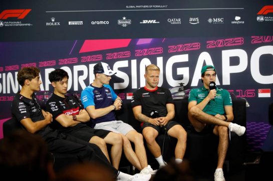 (L to R): George Russell (GBR) Mercedes AMG F1; Zhou Guanyu (CHN) Alfa Romeo F1 Team; Logan Sargeant (USA) Williams Racing; Kevin Magnussen (DEN) Haas F1 Team, and Lance Stroll (CDN) Aston Martin F1 Team in the FIA Press Conference.
14.09.2023. Formula 1 World Championship, Rd 16, Singapore Grand Prix, Marina Bay Street Circuit, Singapore, Preparation Day.
- www.xpbimages.com, EMail: requests@xpbimages.com &copy; Copyright: XPB Images