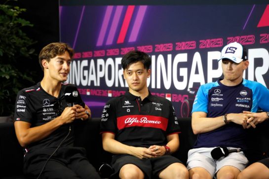 (L to R): George Russell (GBR) Mercedes AMG F1; Zhou Guanyu (CHN) Alfa Romeo F1 Team; and Logan Sargeant (USA) Williams Racing, in the FIA Press Conference.
14.09.2023. Formula 1 World Championship, Rd 16, Singapore Grand Prix, Marina Bay Street Circuit, Singapore, Preparation Day.
- www.xpbimages.com, EMail: requests@xpbimages.com &copy; Copyright: XPB Images