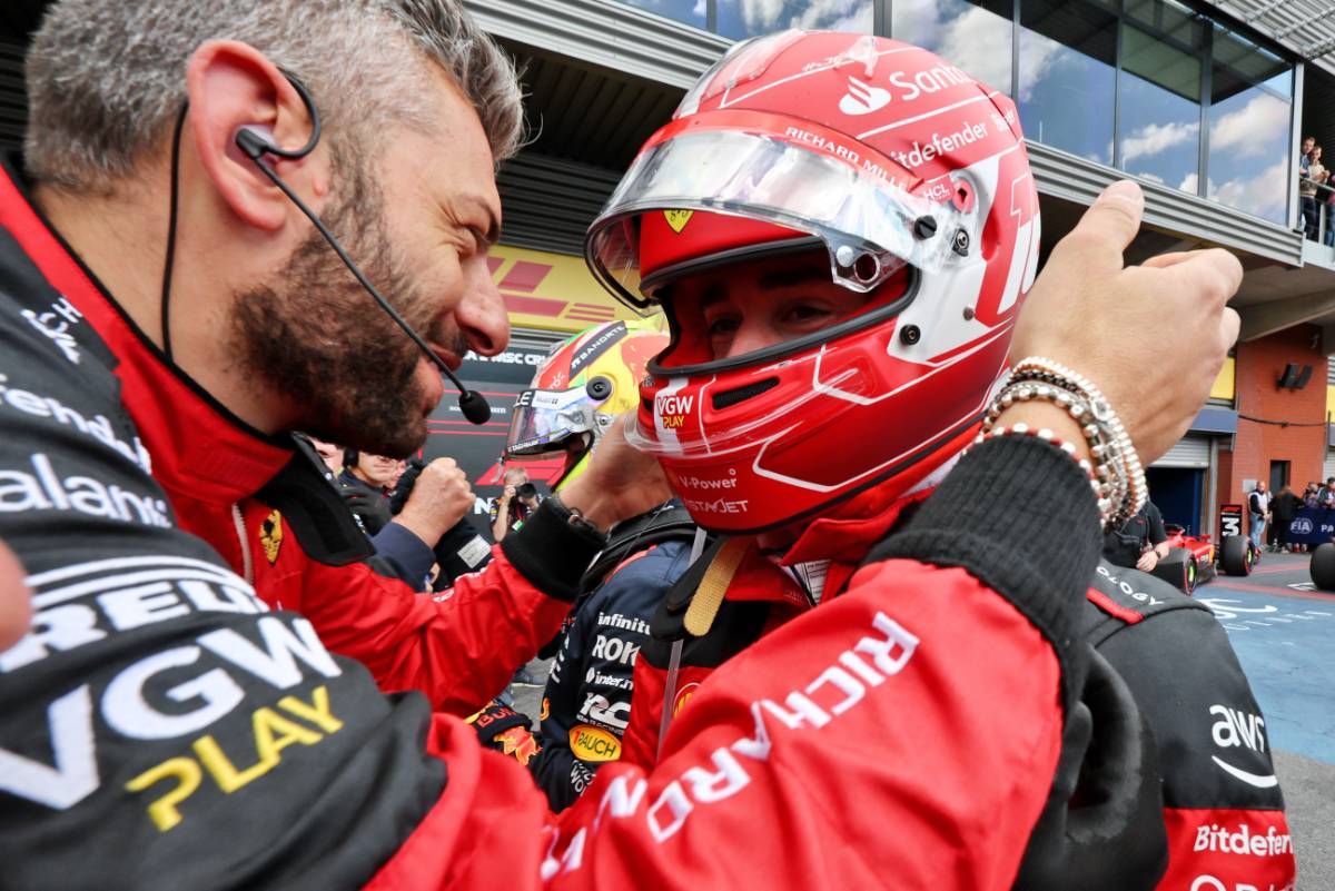 Charles Leclerc (MON) Ferrari celebrates his third position in parc ferme. 30.07.2023. Formula 1 World Championship, Rd 13, Belgian Grand Prix, Spa Francorchamps, Belgium, Race Day. - www.xpbimages.com, EMail: requests@xpbimages.com &copy; Copyright: Moy / XPB Images