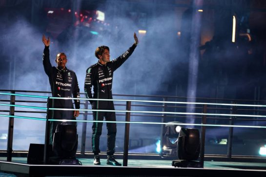 (L to R): Lewis Hamilton (GBR) Mercedes AMG F1 and George Russell (GBR) Mercedes AMG F1 - Opening Ceremony.
15.11.2023. Formula 1 World Championship, Rd 22, Las Vegas Grand Prix, Las Vegas, Nevada, USA, Preparation Day.
- www.xpbimages.com, EMail: requests@xpbimages.com © Copyright: Moy / XPB Images