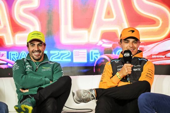 (L to R): Fernando Alonso (ESP) Aston Martin F1 Team and Lando Norris (GBR) McLaren in the FIA Press Conference.
15.11.2023. Formula 1 World Championship, Rd 22, Las Vegas Grand Prix, Las Vegas, Nevada, USA, Preparation Day.
- www.xpbimages.com, EMail: requests@xpbimages.com © Copyright: XPB Images