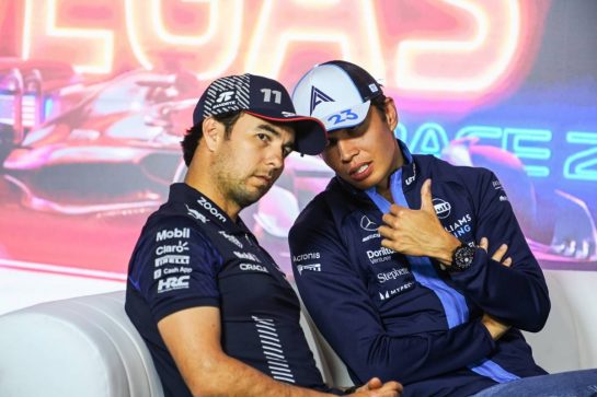 (L to R): Sergio Perez (MEX) Red Bull Racing and Alexander Albon (THA) Williams Racing in the FIA Press Conference.
15.11.2023. Formula 1 World Championship, Rd 22, Las Vegas Grand Prix, Las Vegas, Nevada, USA, Preparation Day.
- www.xpbimages.com, EMail: requests@xpbimages.com © Copyright: XPB Images