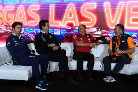 (L to R): James Vowles (GBR) Williams Racing Team Principal; Toto Wolff (GER) Mercedes AMG F1 Shareholder and Executive Director; Frederic Vasseur (FRA) Ferrari Team Principal; and Zak Brown (USA) McLaren Executive Director, in the FIA Press Conference.
16.11.2023. Formula 1 World Championship, Rd 22, Las Vegas Grand Prix, Las Vegas, Nevada, USA, Practice Day.
- www.xpbimages.com, EMail: requests@xpbimages.com © Copyright: XPB Images