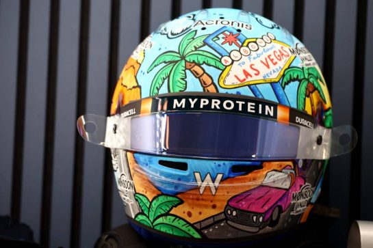 The helmet of Alexander Albon (THA) Williams Racing.
16.11.2023. Formula 1 World Championship, Rd 22, Las Vegas Grand Prix, Las Vegas, Nevada, USA, Practice Day.
- www.xpbimages.com, EMail: requests@xpbimages.com © Copyright: Batchelor / XPB Images