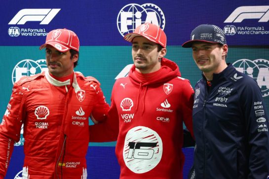 (L to R): Carlos Sainz Jr (ESP) Ferrari; Charles Leclerc (MON) Ferrari; and Max Verstappen (NLD) Red Bull Racing, in qualifying parc ferme.
17.11.2023. Formula 1 World Championship, Rd 22, Las Vegas Grand Prix, Las Vegas, Nevada, USA, Qualifying Day.
- www.xpbimages.com, EMail: requests@xpbimages.com © Copyright: Coates / XPB Images