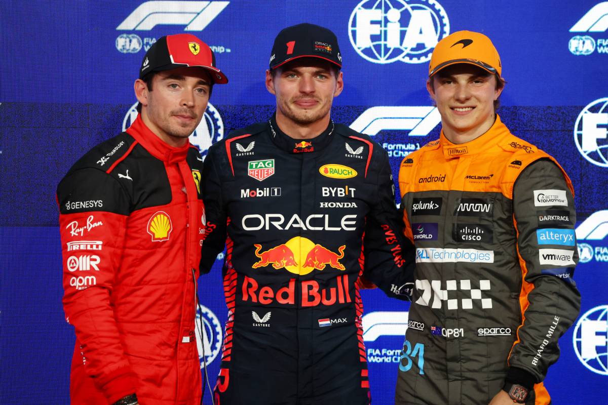 Qualifying top three in parc ferme (L to R): Charles Leclerc (MON) Ferrari, second; Max Verstappen (NLD) Red Bull Racing, pole position; Oscar Piastri (AUS) McLaren, third.
25.11.2023. Formula 1 World Championship, Rd 23, Abu Dhabi Grand Prix, Yas Marina Circuit, Abu Dhabi, Qualifying Day.
- www.xpbimages.com, EMail: requests@xpbimages.com &copy; Copyright: Batchelor / XPB Images