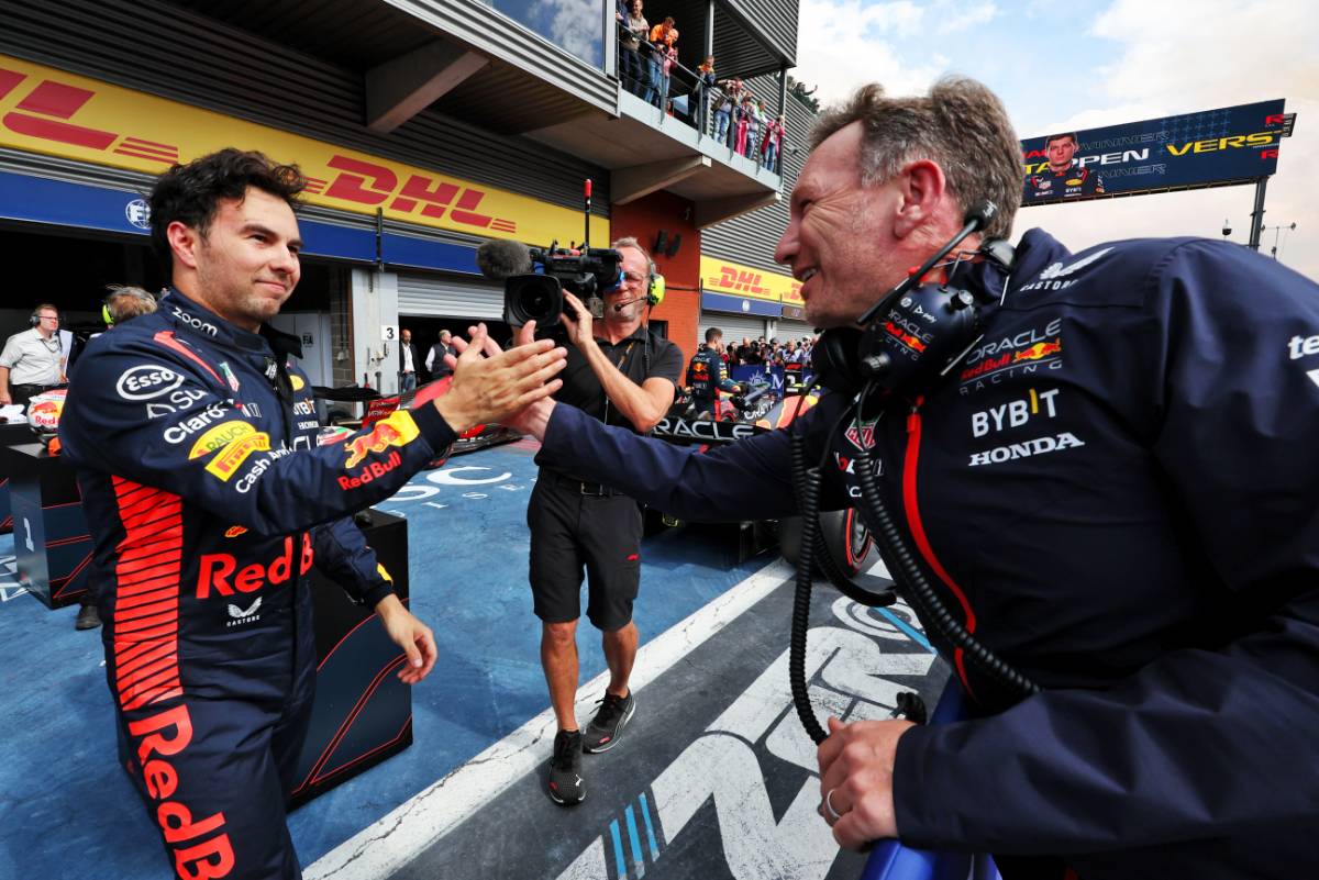 (L to R): Sergio Perez (MEX) Red Bull Racing celebrates his second position with Christian Horner (GBR) Red Bull Racing Team Principal in parc ferme. 30.07.2023. Formula 1 World Championship, Rd 13, Belgian Grand Prix, Spa Francorchamps, Belgium, Race Day. - www.xpbimages.com, EMail: requests@xpbimages.com © Copyright: Moy / XPB Images