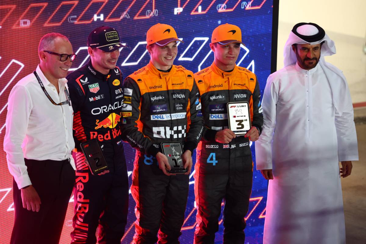 Sprint race winner Oscar Piastri (AUS) McLaren with 2nd Max Verstappen (NLD) Red Bull Racing and Lando Norris (GBR) McLaren.
07.10.2023. Formula 1 World Championship, Rd 18, Qatar Grand Prix, Doha, Qatar, Sprint Day.
- www.xpbimages.com, EMail: requests@xpbimages.com © Copyright: Batchelor / XPB Images