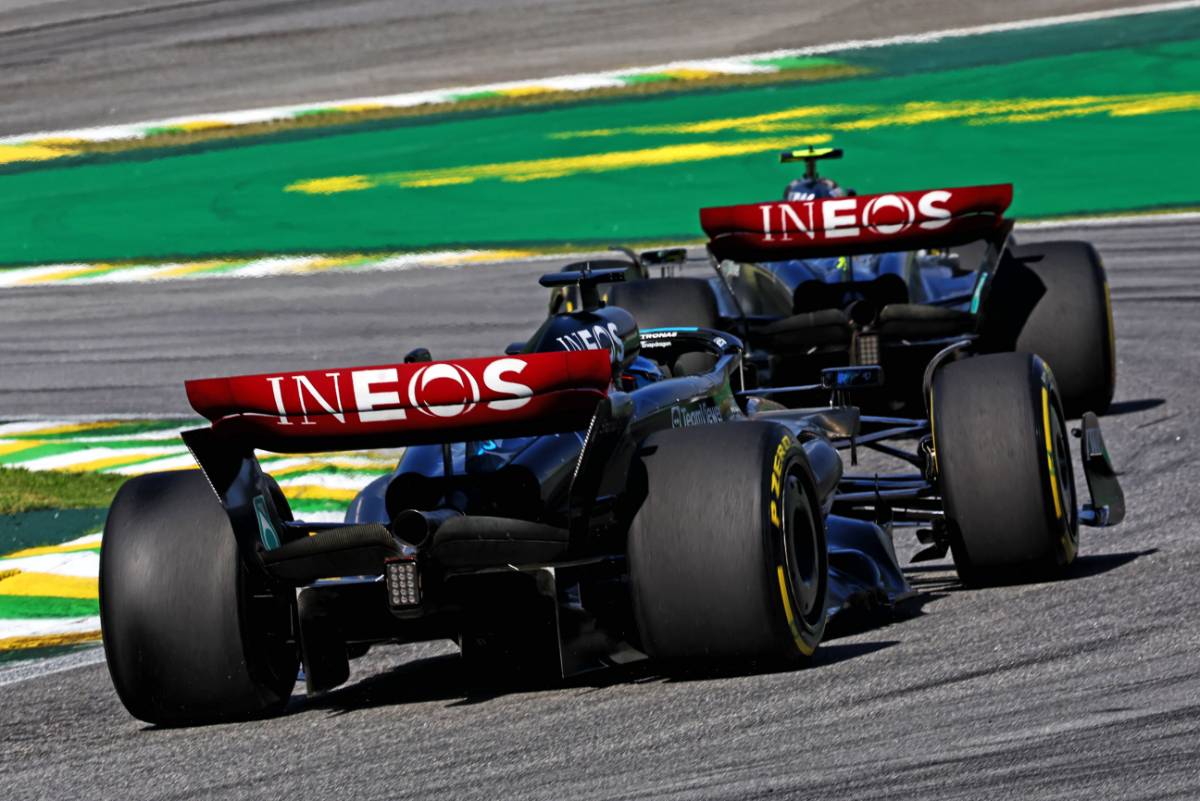 Lewis Hamilton (GBR) Mercedes AMG F1 W14 leads George Russell (GBR) Mercedes AMG F1 W14. 05.11.2023. Formula 1 World Championship, Rd 21, Brazilian Grand Prix, Sao Paulo, Brazil, Race Day. - www.xpbimages.com, EMail: requests@xpbimages.com &copy; Copyright: Charniaux / XPB Images