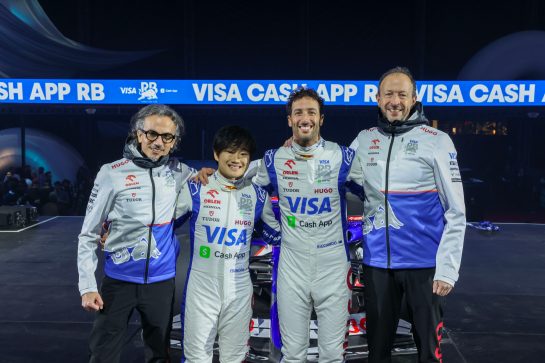 2024 Visa Cash App RB Car Launch in Las Vegas LAS VEGAS, NEVADA - FEBRUARY 08: (L-R) Laurent Mekies, Team Principal of Visa Cash App RB, Yuki Tsunoda of Japan and Visa Cash App RB, Daniel Ricciardo of Australia and Visa Cash App RB and Peter Bayer, CEO of Visa Cash App RB pose for a photo at the Visa Cash App RB Livery Launch Event Las Vegas on February 08, 2024 in Las Vegas, Nevada. (Photo by Jesse Grant/Getty Images for Visa Cash App RB) // Getty Images / Red Bull Content Pool // SI202402090077 // Usage for editorial use only //