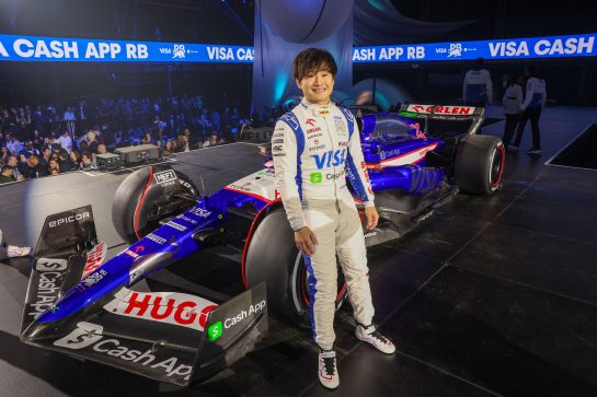 2024 Visa Cash App RB Car Launch in Las Vegas LAS VEGAS, NEVADA - FEBRUARY 08: Yuki Tsunoda of Japan and Visa Cash App RB poses for a photo with the Visa Cash App RB VCARB 01at the Visa Cash App RB Livery Launch Event Las Vegas on February 08, 2024 in Las Vegas, Nevada. (Photo by Jesse Grant/Getty Images for Visa Cash App RB) // Getty Images / Red Bull Content Pool // SI202402090084 // Usage for editorial use only //