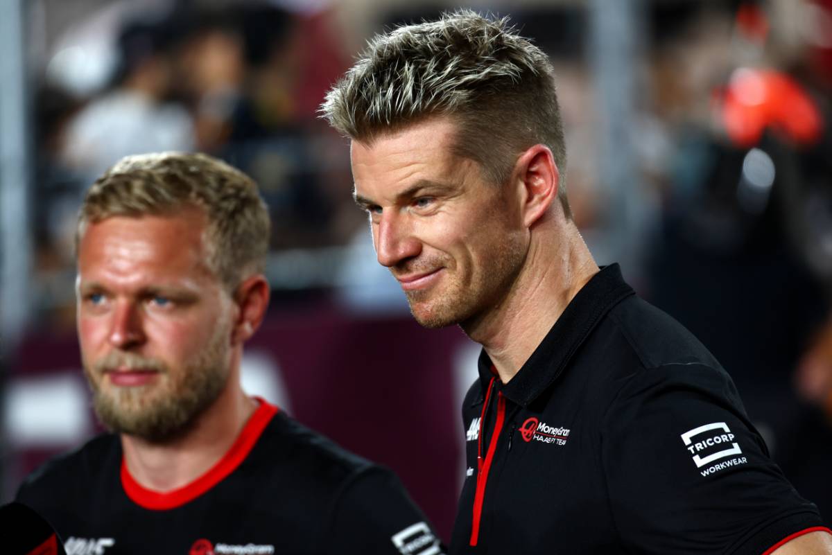 Nico Hulkenberg (GER) Haas F1 Team and Kevin Magnussen (DEN) Haas F1 Team on the drivers' parade. 08.10.2023. Formula 1 World Championship, Rd 18, Qatar Grand Prix, Doha, Qatar, Race Day. - www.xpbimages.com, EMail: requests@xpbimages.com &copy; Copyright: Coates / XPB Images