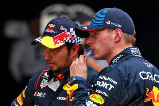 Sprint winner Max Verstappen (NLD) Red Bull Racing (Right) with team mate Sergio Perez (MEX) Red Bull Racing in parc ferme.
20.04.2024. Formula 1 World Championship, Rd 5, Chinese Grand Prix, Shanghai, China, Sprint and Qualifying Day.
 - www.xpbimages.com, EMail: requests@xpbimages.com &copy; Copyright: Coates / XPB Images
