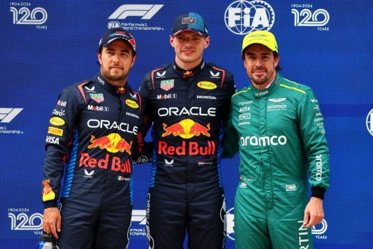 Qualifying top three in parc ferme (L to R): Sergio Perez (MEX) Red Bull Racing, second; Max Verstappen (NLD) Red Bull Racing, pole position; Fernando Alonso (ESP) Aston Martin F1 Team, third.
20.04.2024. Formula 1 World Championship, Rd 5, Chinese Grand Prix, Shanghai, China, Sprint and Qualifying Day.
- www.xpbimages.com, EMail: requests@xpbimages.com &copy; Copyright: Batchelor / XPB Images
