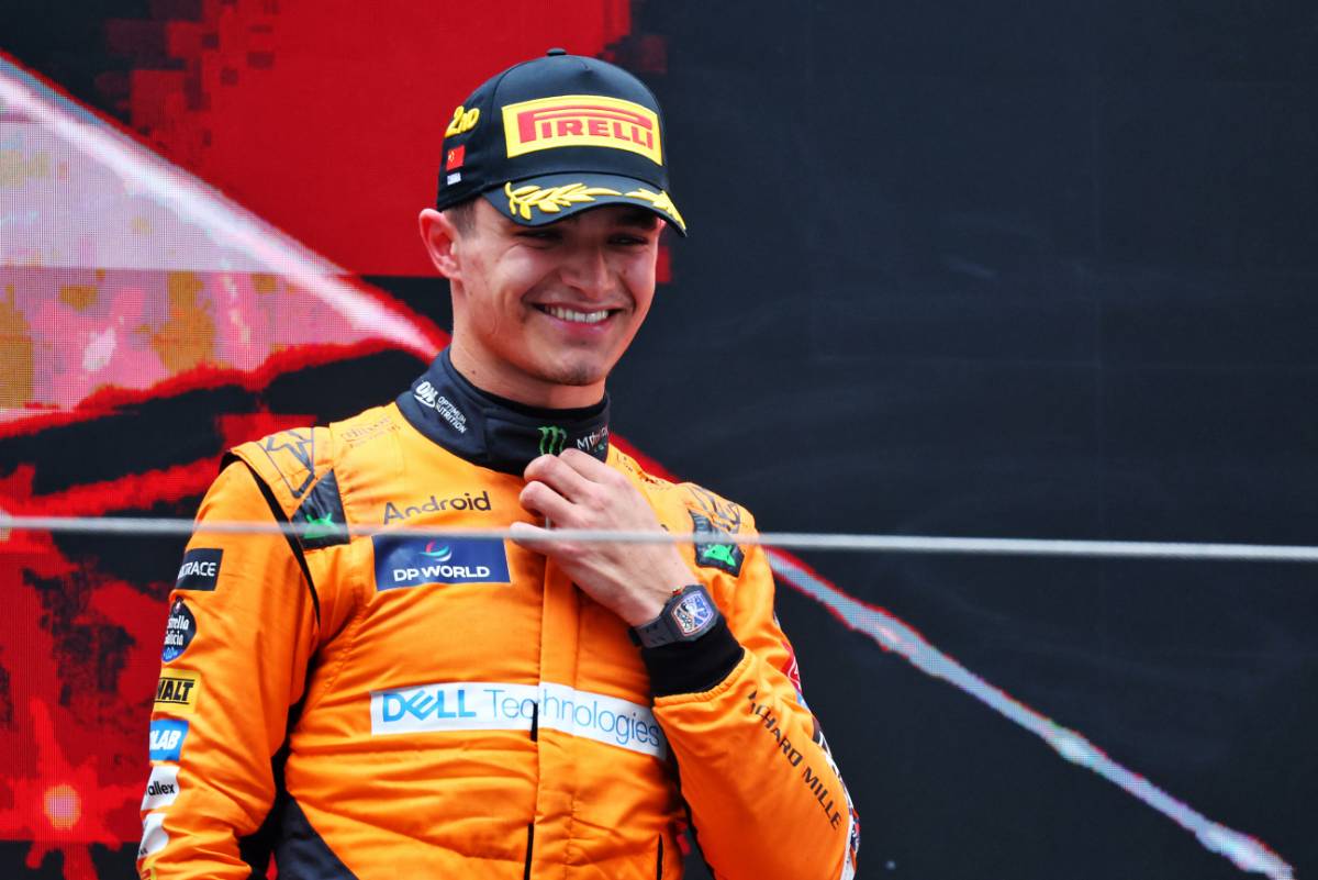 Lando Norris (GBR) McLaren celebrates his second position on the podium. 21.04.2024. Formula 1 World Championship, Rd 5, Chinese Grand Prix, Shanghai, China, Race Day. - www.xpbimages.com, EMail: requests@xpbimages.com © Copyright: Batchelor / XPB Images