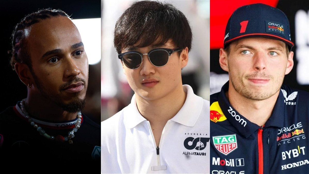 Max Verstappen, Yuki Tsunoda, and Lewis Hamilton