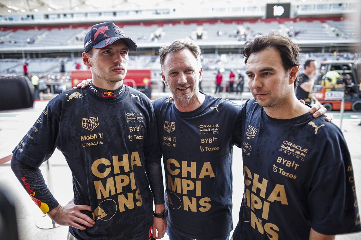 Max Verstappen, Christian Horner and Sergio Perez