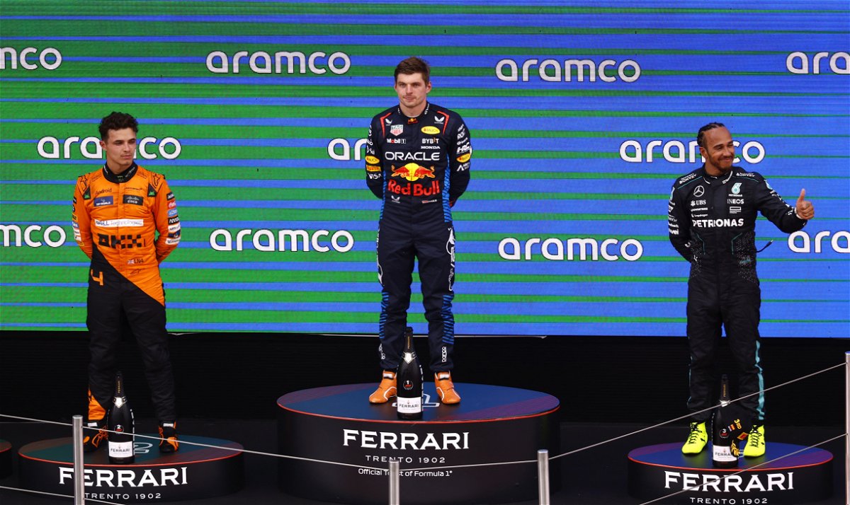 (L-R) Lando Norris, Max Verstappen, Lewis Hamilton at the 2024 Spanish Grand Prix
