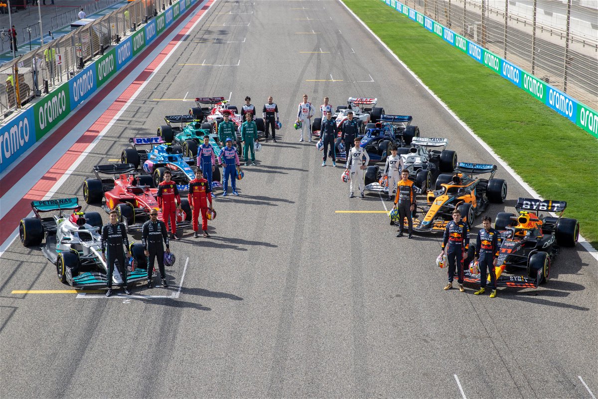 F1 drivers pose for a photo on the grid