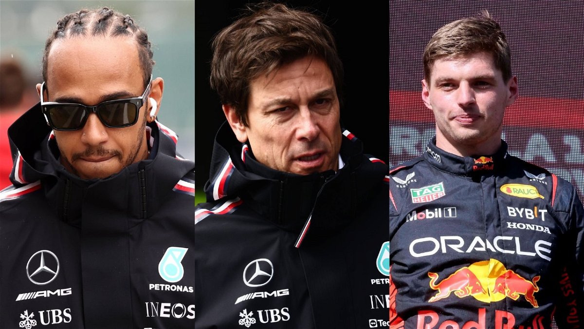 Lewis Hamilton, Toto Wolff, and Max Verstappen