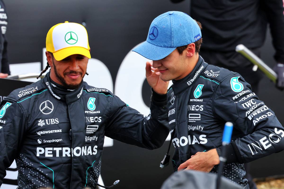 George Russell (GBR) Mercedes AMG F1 celebrates his pole position in qualifying parc ferme with second placed team mate Lewis Hamilton (GBR) Mercedes AMG F1.
06.07.2024. Formula 1 World Championship, Rd 12, British Grand Prix, Silverstone, England, Qualifying Day.
- www.xpbimages.com, EMail: requests@xpbimages.com © Copyright: Batchelor / XPB Images