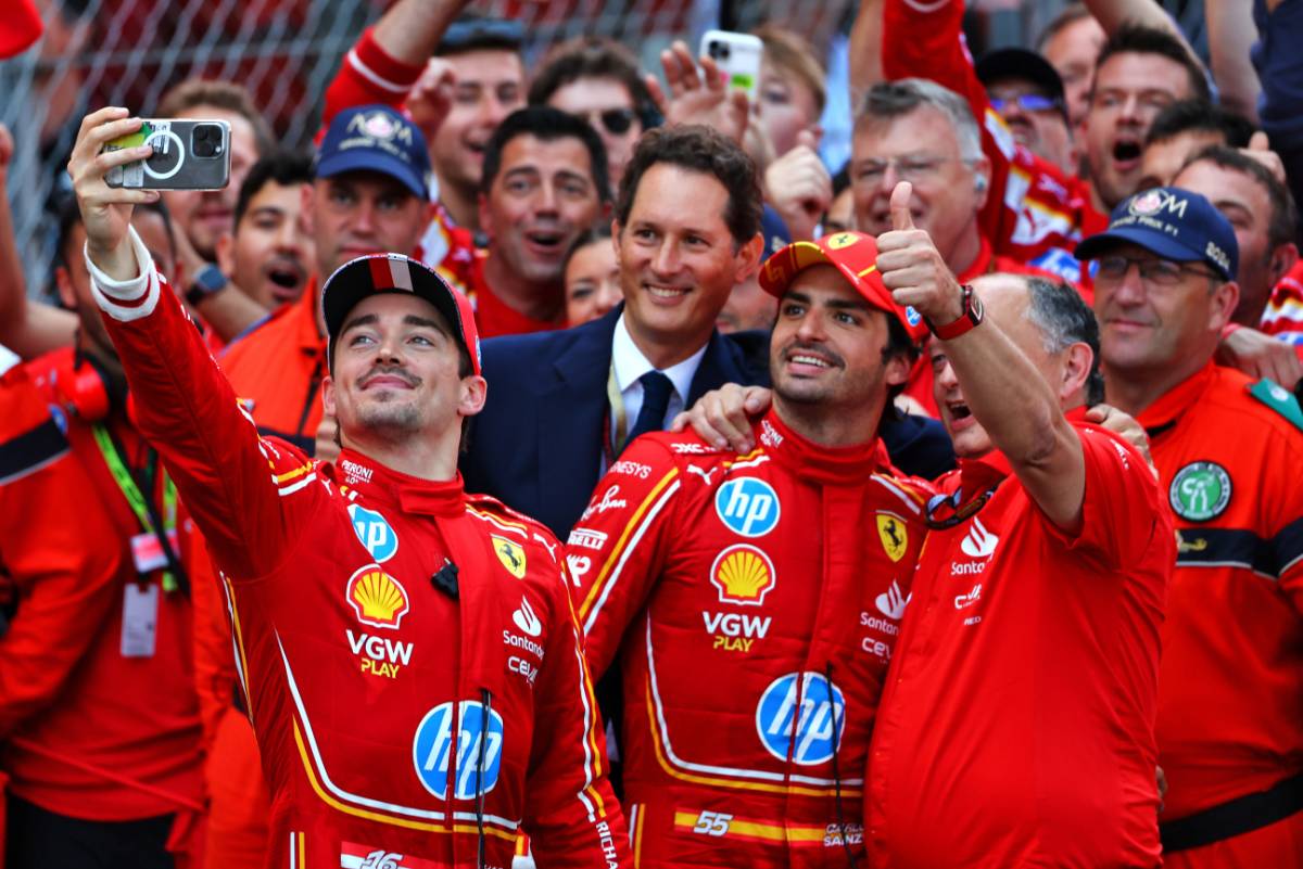 (L to R): Race winner Charles Leclerc (MON) Ferrari celebrates in parc ferme with team mate Carlos Sainz Jr (ESP) Ferrari and Frederic Vasseur (FRA) Ferrari Team Principal. 26.05.2024. Formula 1 World Championship, Rd 8, Monaco Grand Prix, Monte Carlo, Monaco, Race Day. - www.xpbimages.com, EMail: requests@xpbimages.com © Copyright: Coates / XPB Images