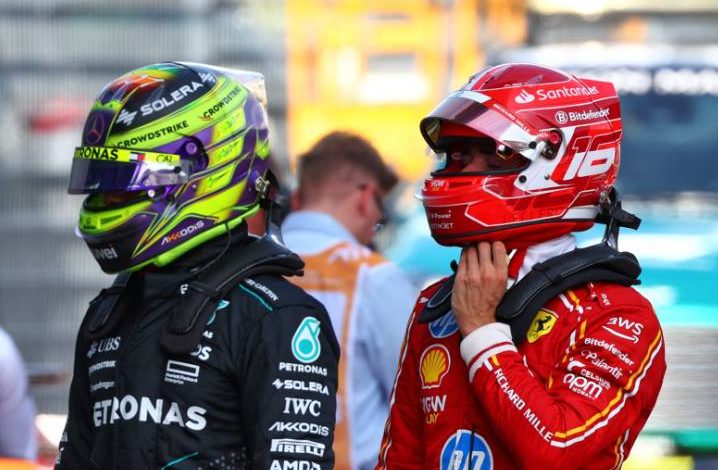 (L to R): Lewis Hamilton (GBR) Mercedes AMG F1 and Charles Leclerc (MON) Ferrari in qualifying parc ferme. 29.06.2024. Formula 1 World Championship, Rd 11, Austrian Grand Prix, Spielberg, Austria, Sprint and Qualifying Day. - www.xpbimages.com, EMail: requests@xpbimages.com © Copyright: Coates / XPB Images