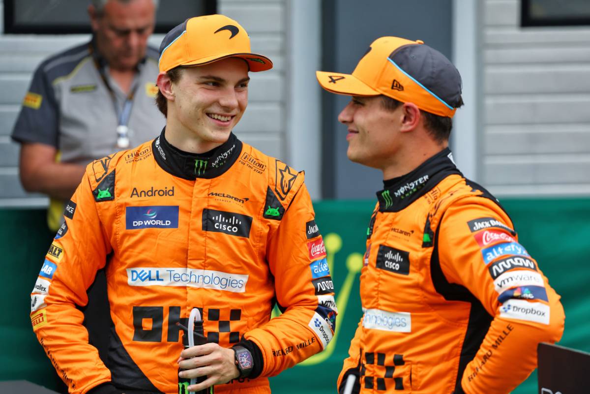 (L to R): Third placed Oscar Piastri (AUS) McLaren with pole sitter and team mate Lando Norris (GBR) McLaren in qualifying parc ferme. 20.07.2024. Formula 1 World Championship, Rd 13, Hungarian Grand Prix, Budapest, Hungary, Qualifying Day. - www.xpbimages.com, EMail: requests@xpbimages.com © Copyright: Batchelor / XPB Images