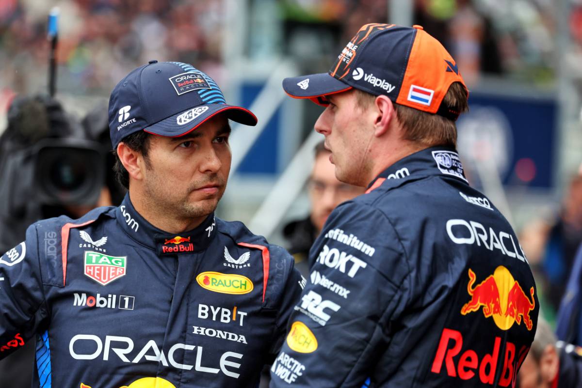 (L to R): Sergio Perez (MEX) Red Bull Racing with team mate Max Verstappen (NLD) Red Bull Racing in qualifying parc ferme. 27.07.2024. Formula 1 World Championship, Rd 14, Belgian Grand Prix, Spa Francorchamps, Belgium, Qualifying Day. - www.xpbimages.com, EMail: requests@xpbimages.com &copy; Copyright: Moy / XPB Images