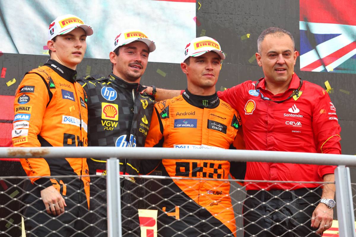 1st place Charles Leclerc (MON) Ferrari SF-24, 2nd place Oscar Piastri (AUS) McLaren MCL38, 3rd place Lando Norris (GBR) McLaren MCL38 and Diego Ioverno (ITA) Ferrari Sporting Director Ferrari. 01.09.2024. Formula 1 World Championship, Rd 16, Italian Grand Prix, Monza, Italy, Race Day. - www.xpbimages.com, EMail: requests@xpbimages.com &copy; Copyright: Batchelor / XPB Images