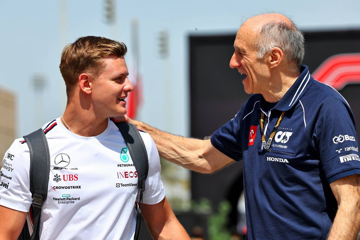 (L to R): Mick Schumacher (GER) Mercedes AMG F1 Reserve Driver with Franz Tost (AUT) AlphaTauri Team Principal. 03.03.2023. Formula 1 World Championship, Rd 1, Bahrain Grand Prix, Sakhir, Bahrain, Practice Day - www.xpbimages.com, EMail: requests@xpbimages.com © Copyright: Batchelor / XPB Images