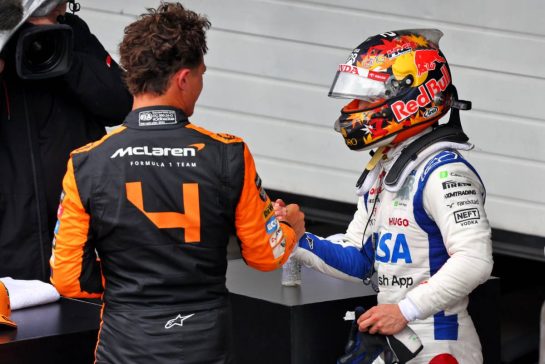 (L to R): Lando Norris (GBR) McLaren celebrates his pole position in qualifying parc ferme with third placed Yuki Tsunoda (JPN) RB.
03.11.2024. Formula 1 World Championship, Rd 21, Brazilian Grand Prix, Sao Paulo, Brazil, Race Day.
- www.xpbimages.com, EMail: requests@xpbimages.com &copy; Copyright: Batchelor / XPB Images