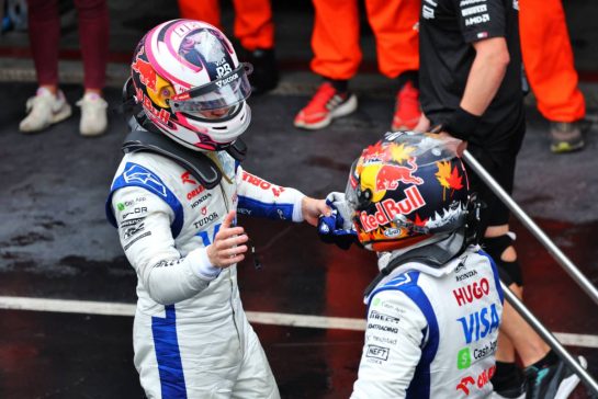 (L to R): Liam Lawson (NZL) RB celebrates his fourth position with third placed team mate Yuki Tsunoda (JPN) RB in qualifying parc ferme.
03.11.2024. Formula 1 World Championship, Rd 21, Brazilian Grand Prix, Sao Paulo, Brazil, Race Day.
- www.xpbimages.com, EMail: requests@xpbimages.com &copy; Copyright: Batchelor / XPB Images