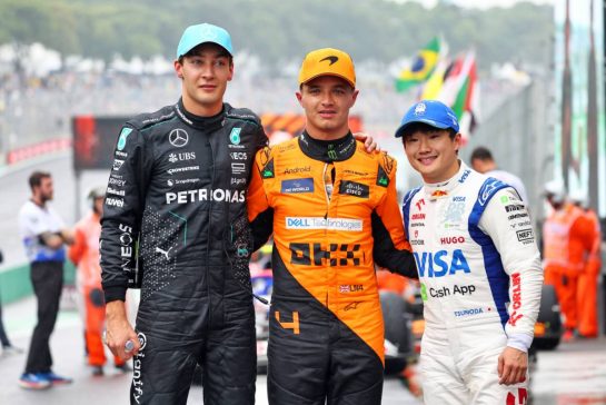 Qualifying top three in parc ferme (L to R): George Russell (GBR) Mercedes AMG F1, second; Lando Norris (GBR) McLaren, pole position; Yuki Tsunoda (JPN) RB, third.
03.11.2024. Formula 1 World Championship, Rd 21, Brazilian Grand Prix, Sao Paulo, Brazil, Race Day.
- www.xpbimages.com, EMail: requests@xpbimages.com &copy; Copyright: Batchelor / XPB Images
