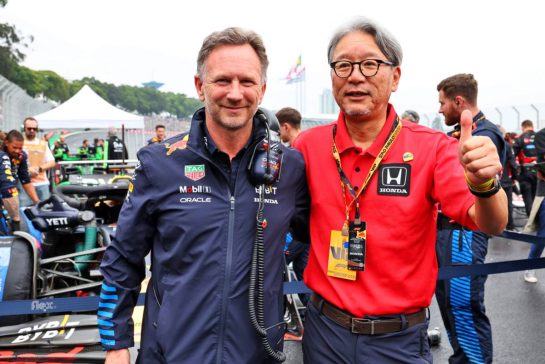 (L to R): Christian Horner (GBR) Red Bull Racing Team Principal with Toshihiro Mibe (JPN) Honda President, CEO and Representative Director, on the grid.
03.11.2024. Formula 1 World Championship, Rd 21, Brazilian Grand Prix, Sao Paulo, Brazil, Race Day.
- www.xpbimages.com, EMail: requests@xpbimages.com &copy; Copyright: Batchelor / XPB Images