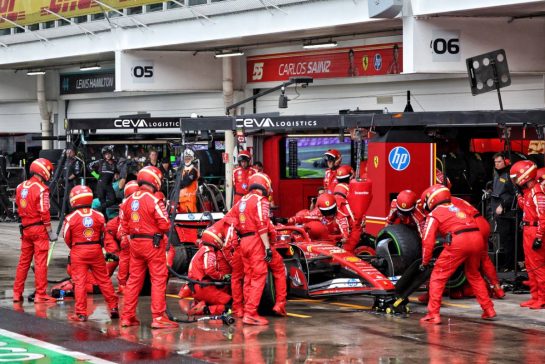 Charles Leclerc (MON) Ferrari SF-24 makes a pit stop.
03.11.2024. Formula 1 World Championship, Rd 21, Brazilian Grand Prix, Sao Paulo, Brazil, Race Day.
- www.xpbimages.com, EMail: requests@xpbimages.com &copy; Copyright: Batchelor / XPB Images
