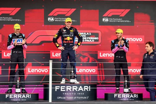 The podium (L to R): Esteban Ocon (FRA) Alpine F1 Team, second; Max Verstappen (NLD) Red Bull Racing, race winner; Pierre Gasly (FRA) Alpine F1 Team, third.
03.11.2024. Formula 1 World Championship, Rd 21, Brazilian Grand Prix, Sao Paulo, Brazil, Race Day.
- www.xpbimages.com, EMail: requests@xpbimages.com &copy; Copyright: Batchelor / XPB Images