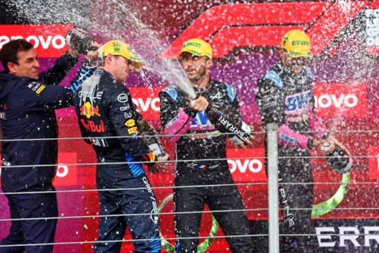 The podium (L to R): Pierre Wache (FRA) Red Bull Racing Technical Director; Max Verstappen (NLD) Red Bull Racing, race winner; Pierre Gasly (FRA) Alpine F1 Team, third; Esteban Ocon (FRA) Alpine F1 Team, second.
03.11.2024. Formula 1 World Championship, Rd 21, Brazilian Grand Prix, Sao Paulo, Brazil, Race Day.
- www.xpbimages.com, EMail: requests@xpbimages.com &copy; Copyright: Batchelor / XPB Images