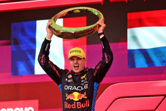 Race winner Max Verstappen (NLD) Red Bull Racing celebrates on the podium.
03.11.2024. Formula 1 World Championship, Rd 21, Brazilian Grand Prix, Sao Paulo, Brazil, Race Day.
 - www.xpbimages.com, EMail: requests@xpbimages.com &copy; Copyright: Staley / XPB Images