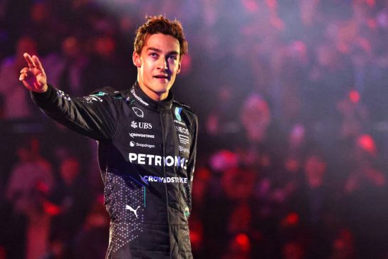 Race winner George Russell (GBR) Mercedes AMG F1 celebrates on the podium.
23.11.2024. Formula 1 World Championship, Rd 22, Las Vegas Grand Prix, Las Vegas, Nevada, USA, Race Day.
- www.xpbimages.com, EMail: requests@xpbimages.com © Copyright: Charniaux / XPB Images